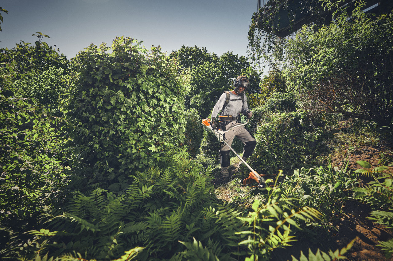 Eine Person in Schutzausrüstung trimmt mit einem STIHL Freischneider wild wachsendes Gestrüpp